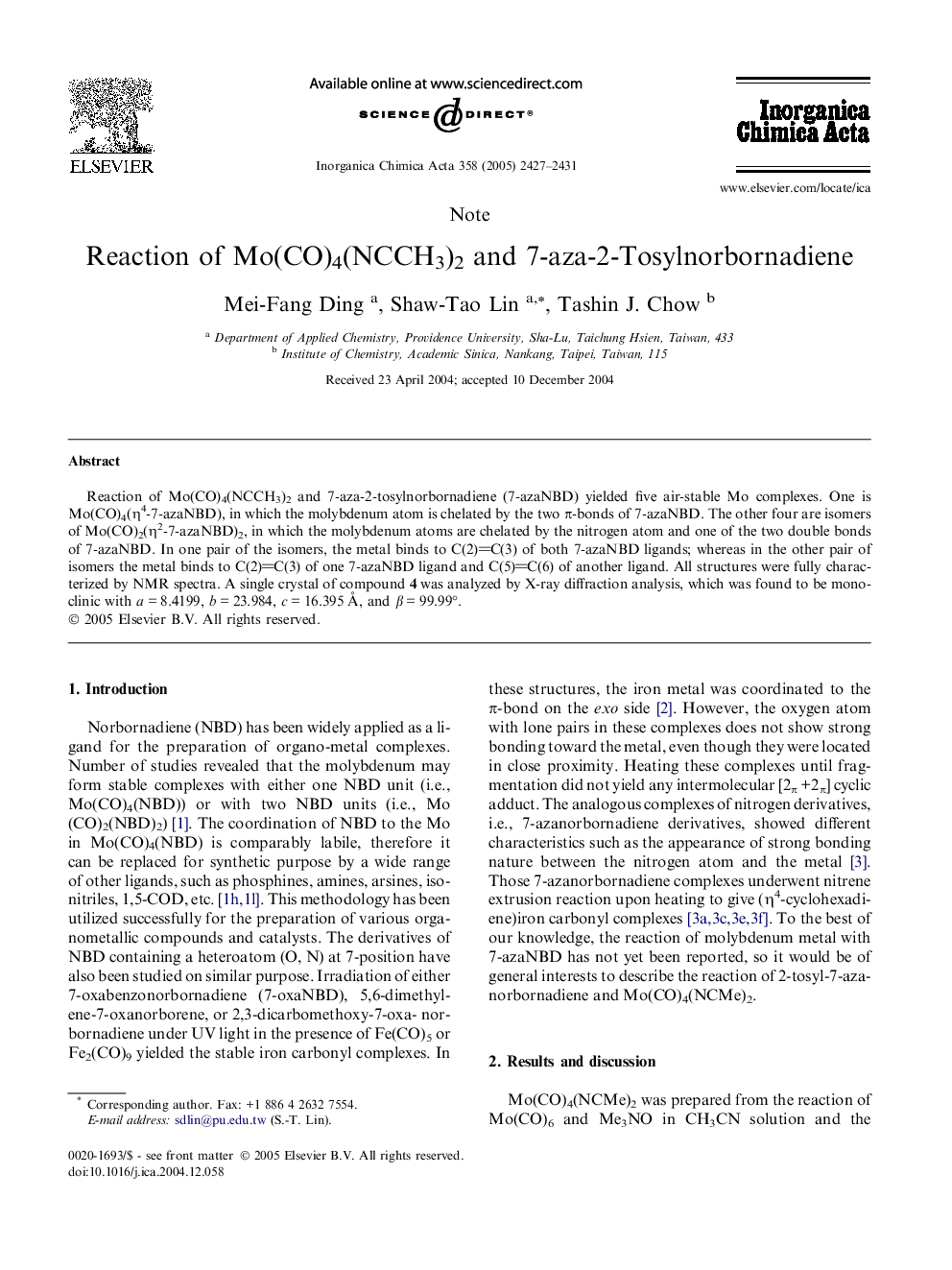 عکس صفحه اول مقاله: Reaction of Mo(CO)4(NCCH3)2 and 7-aza-2-Tosylnorbornadiene Reaction of Mo(CO)4(NCCH3)2 and 7-aza-2-Tosylnorbornadiene