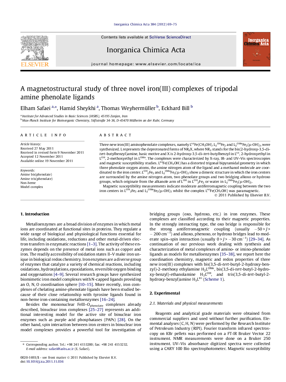 عکس صفحه اول مقاله: A magnetostructural study of three novel iron(III) complexes of tripodal amine phenolate ligands A magnetostructural study of three novel iron(III) complexes of tripodal amine phenolate ligands