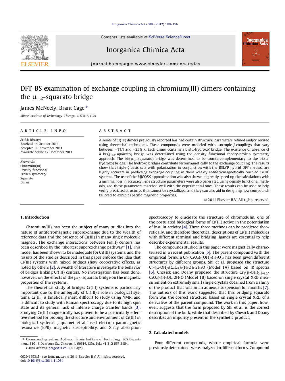 عکس صفحه اول مقاله: DFT-BS examination of exchange coupling in chromium(III) dimers containing the μ1,2-squarato bridge DFT-BS examination of exchange coupling in chromium(III) dimers containing the μ1,2-squarato bridge