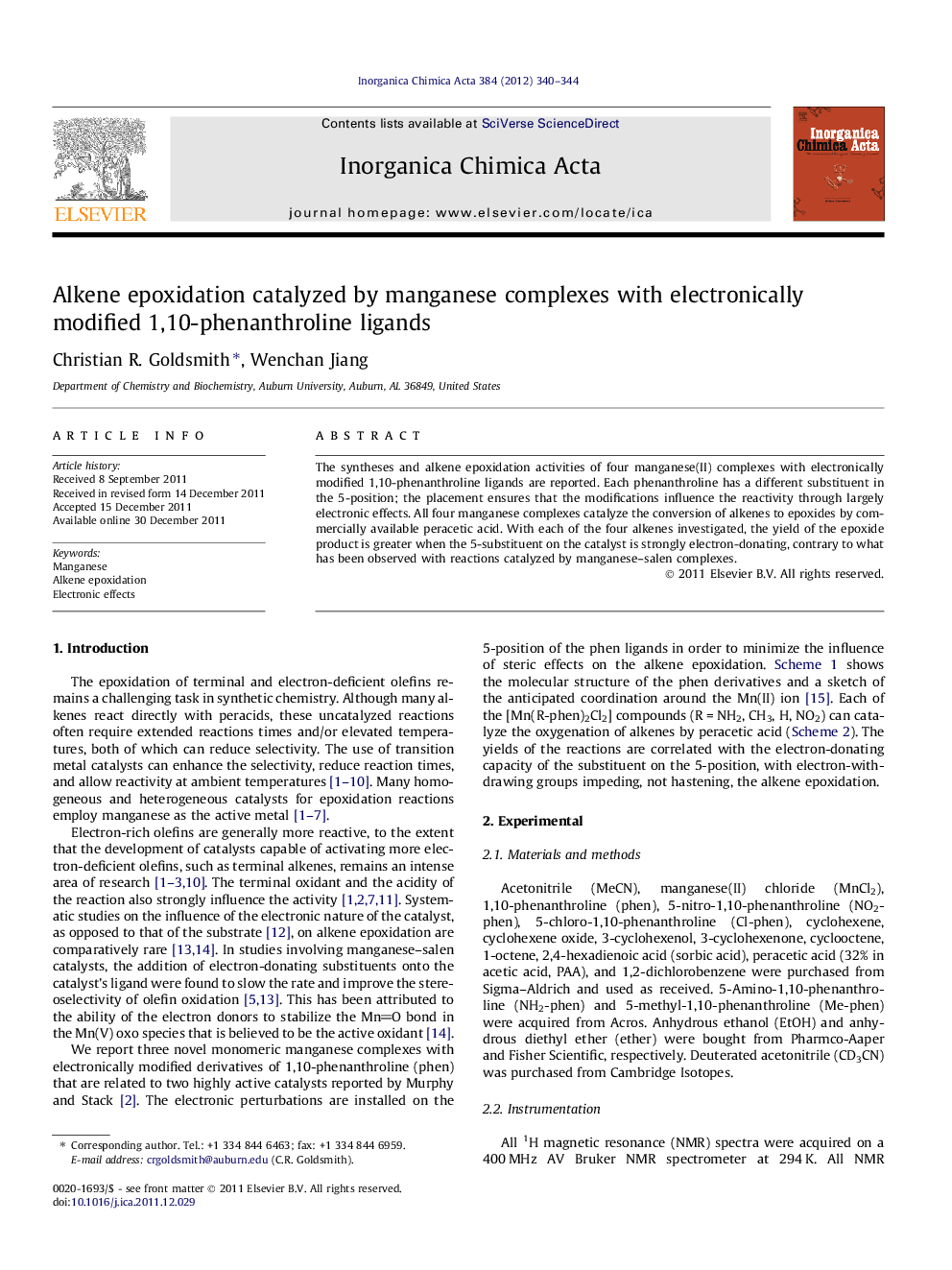 Alkene epoxidation catalyzed by manganese complexes with electronically modified 1,10-phenanthroline ligands