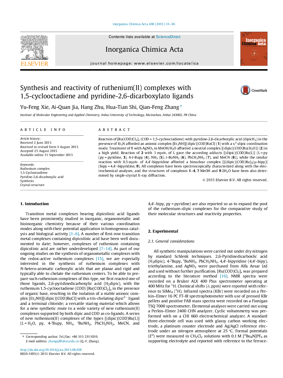 Synthesis and reactivity of ruthenium(II) complexes with 1,5-cyclooctadiene and pyridine-2,6-dicarboxylato ligands