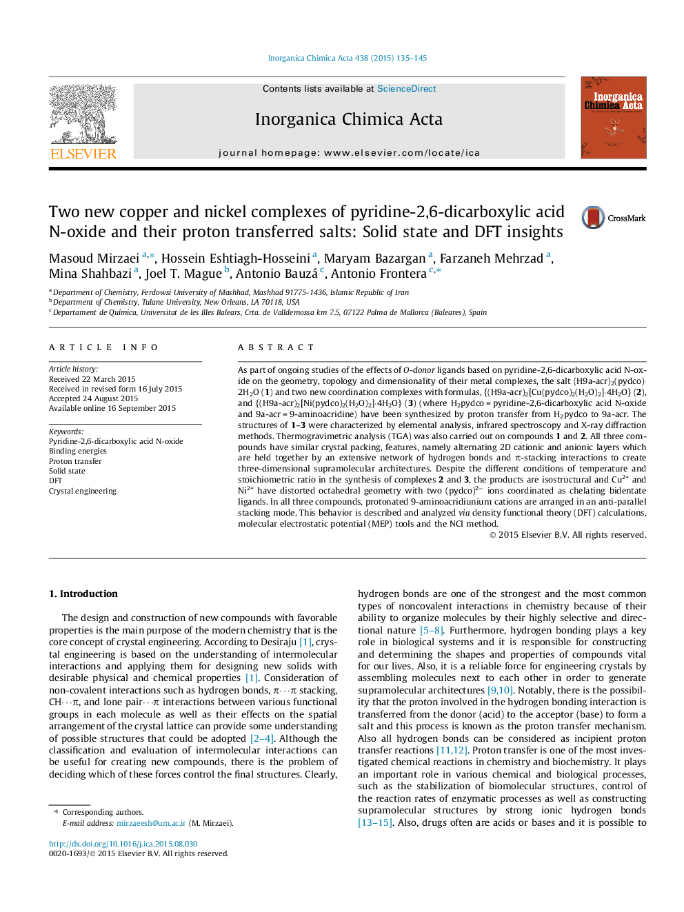 Two new copper and nickel complexes of pyridine-2,6-dicarboxylic acid N-oxide and their proton transferred salts: Solid state and DFT insights