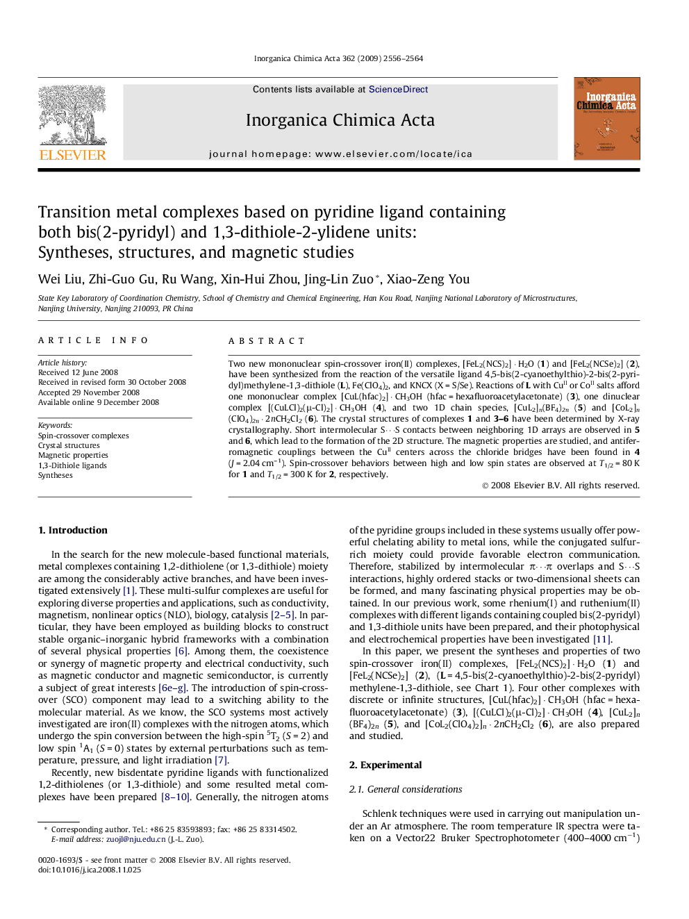 Transition metal complexes based on pyridine ligand containing both bis(2-pyridyl) and 1,3-dithiole-2-ylidene units: Syntheses, structures, and magnetic studies