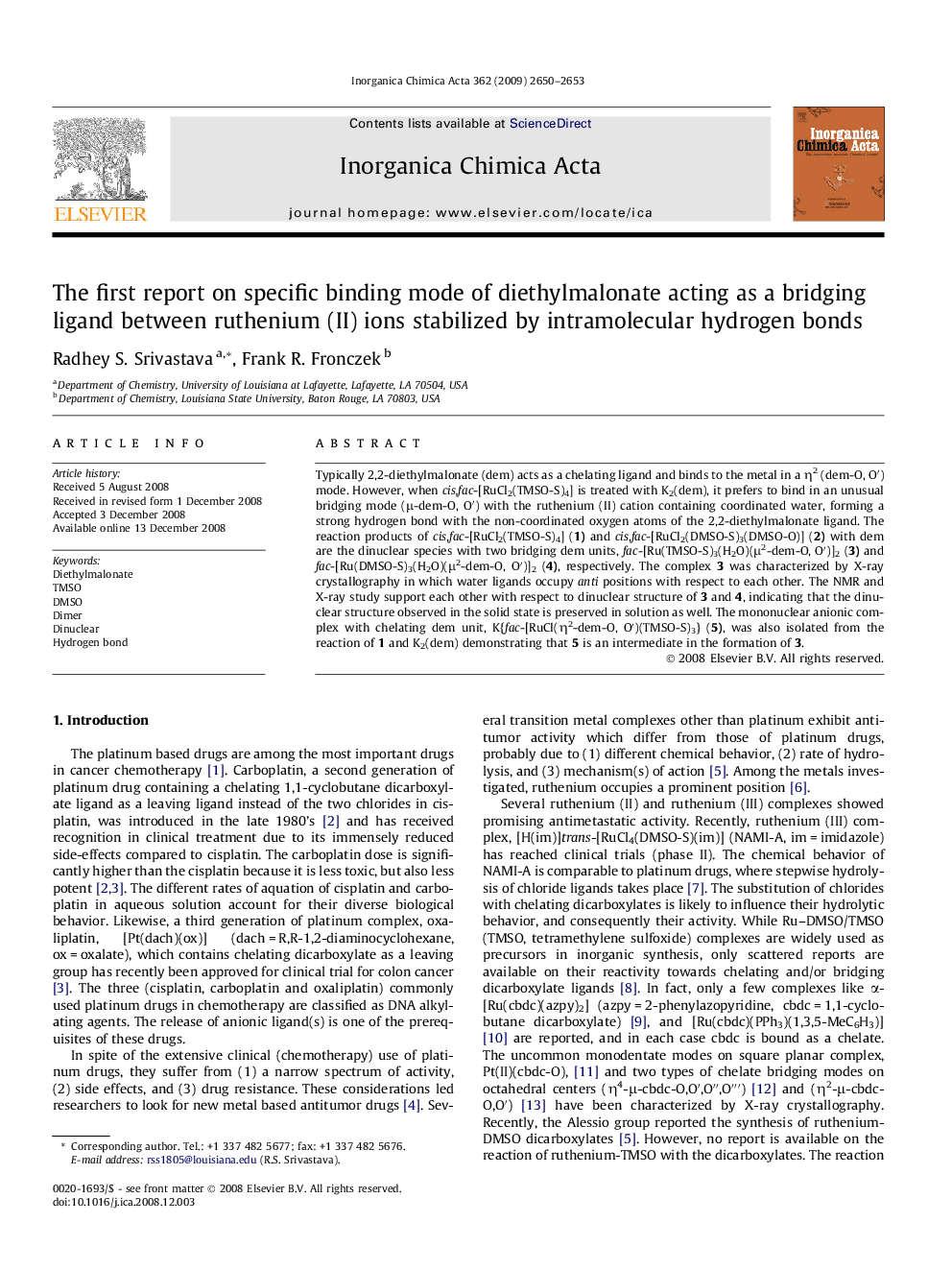 The first report on specific binding mode of diethylmalonate acting as a bridging ligand between ruthenium (II) ions stabilized by intramolecular hydrogen bonds