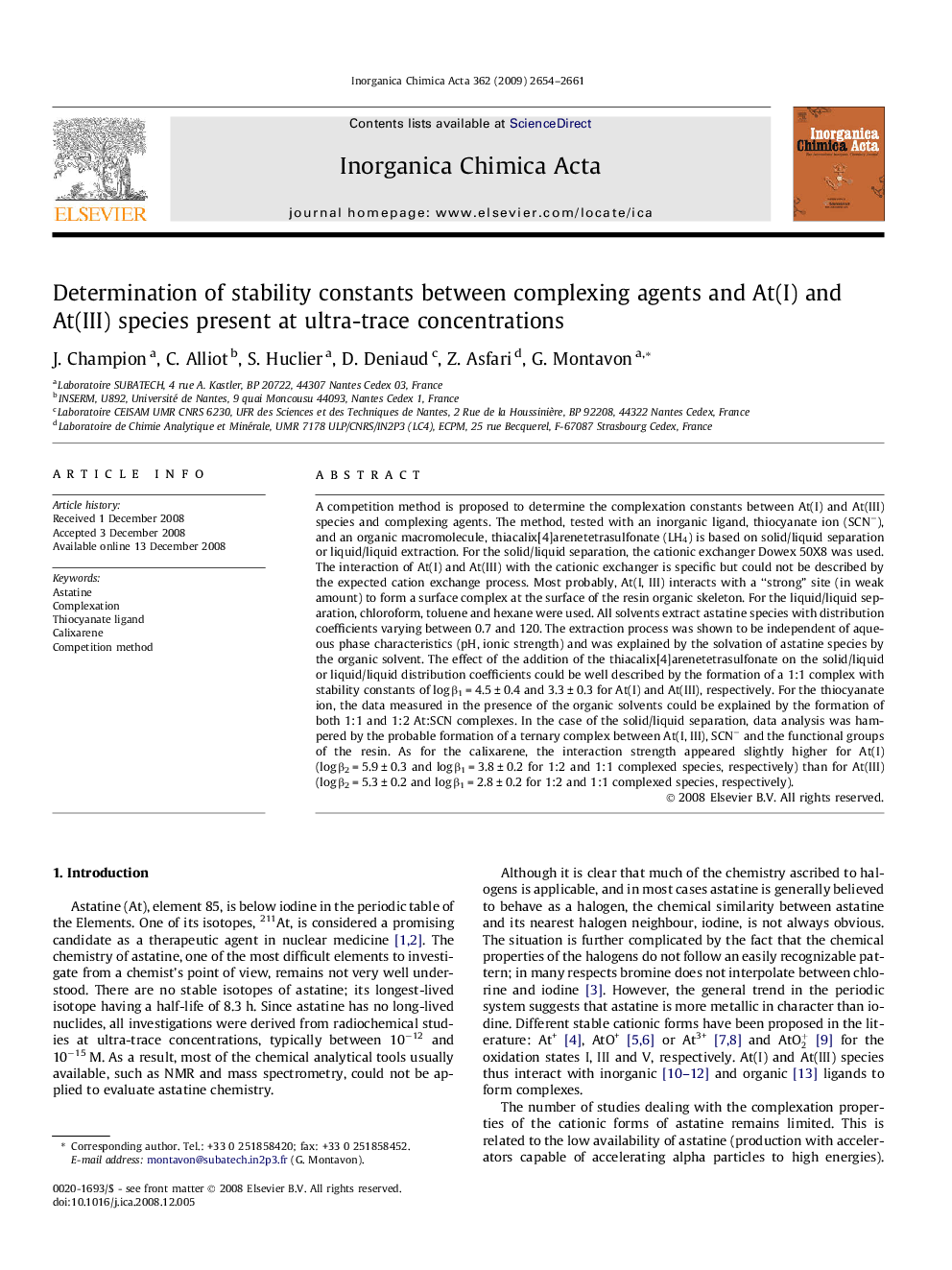 عکس صفحه اول مقاله: Determination of stability constants between complexing agents and At(I) and At(III) species present at ultra-trace concentrations Determination of stability constants between complexing agents and At(I) and At(III) species present at ultra-trace concentrations