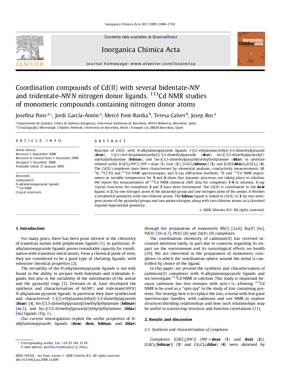 Coordination compounds of Cd(II) with several bidentate-NN′ and tridentate-NN′N nitrogen donor ligands. 113Cd NMR studies of monomeric compounds containing nitrogen donor atoms