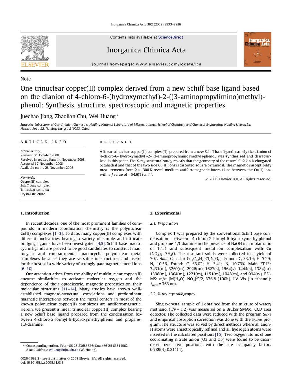 One trinuclear copper(II) complex derived from a new Schiff base ligand based on the dianion of 4-chloro-6-(hydroxymethyl)-2-((3-aminopropylimino)methyl)-phenol: Synthesis, structure, spectroscopic and magnetic properties