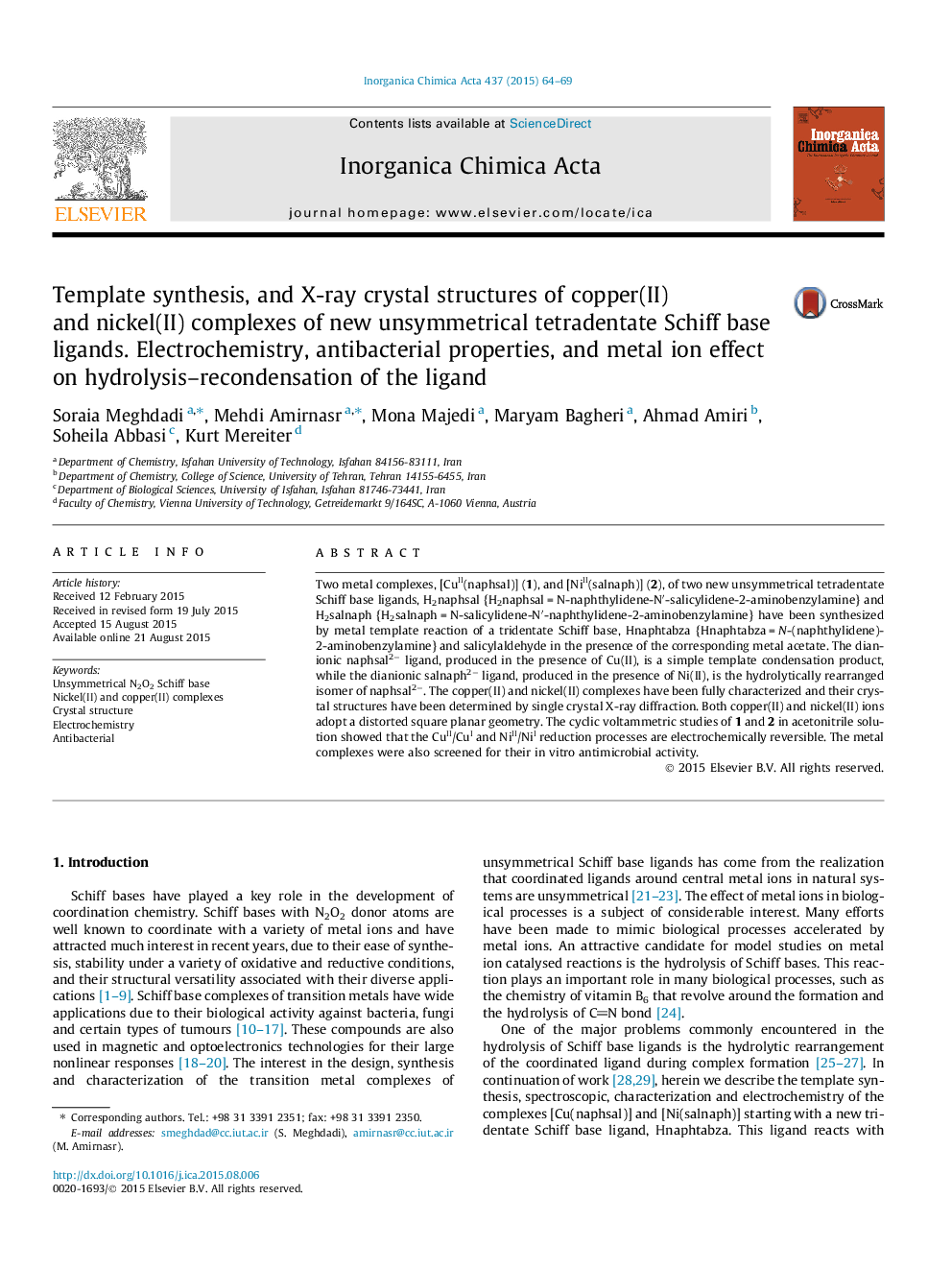 Template synthesis, and X-ray crystal structures of copper(II) and nickel(II) complexes of new unsymmetrical tetradentate Schiff base ligands. Electrochemistry, antibacterial properties, and metal ion effect on hydrolysis–recondensation of the ligand