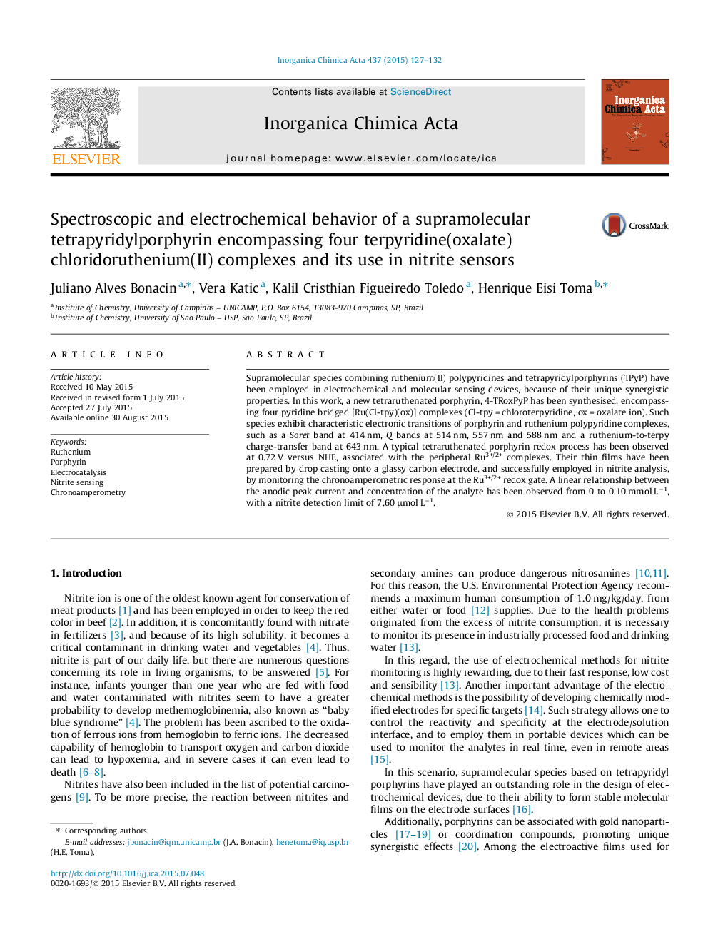 Spectroscopic and electrochemical behavior of a supramolecular tetrapyridylporphyrin encompassing four terpyridine(oxalate)chloridoruthenium(II) complexes and its use in nitrite sensors