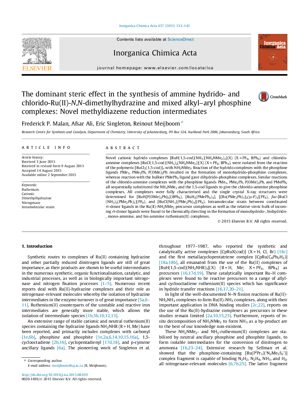 The dominant steric effect in the synthesis of ammine hydrido- and chlorido-Ru(II)-N,N-dimethylhydrazine and mixed alkyl–aryl phosphine complexes: Novel methyldiazene reduction intermediates