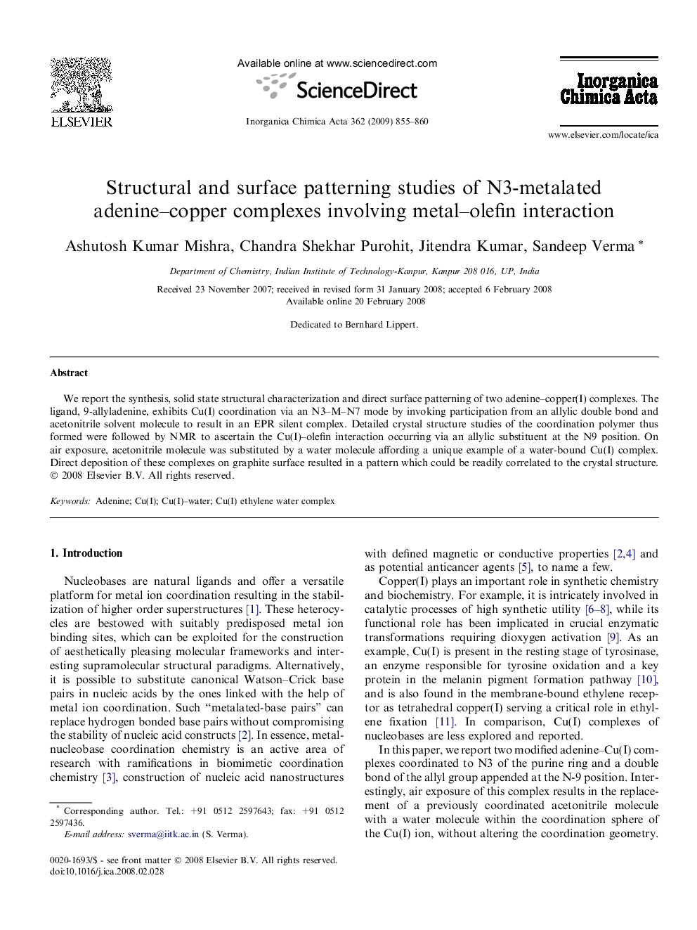 Structural and surface patterning studies of N3-metalated adenine–copper complexes involving metal–olefin interaction