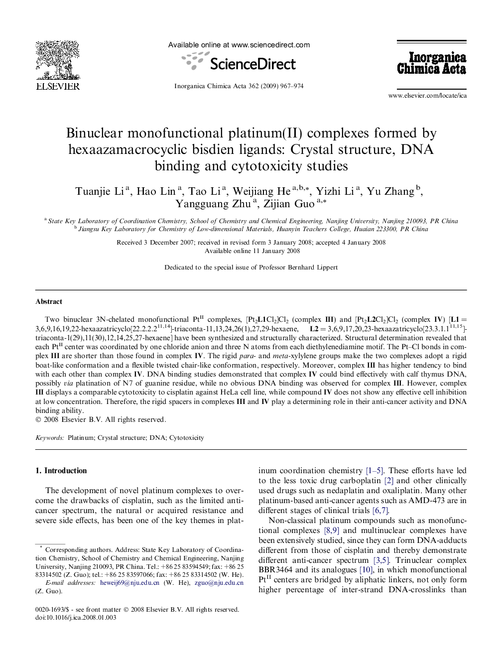 Binuclear monofunctional platinum(II) complexes formed by hexaazamacrocyclic bisdien ligands: Crystal structure, DNA binding and cytotoxicity studies