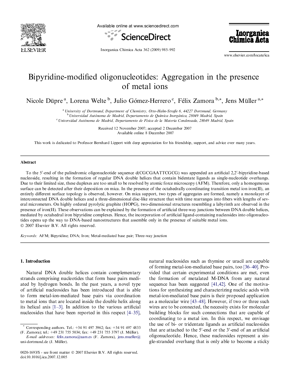 Bipyridine-modified oligonucleotides: Aggregation in the presence of metal ions