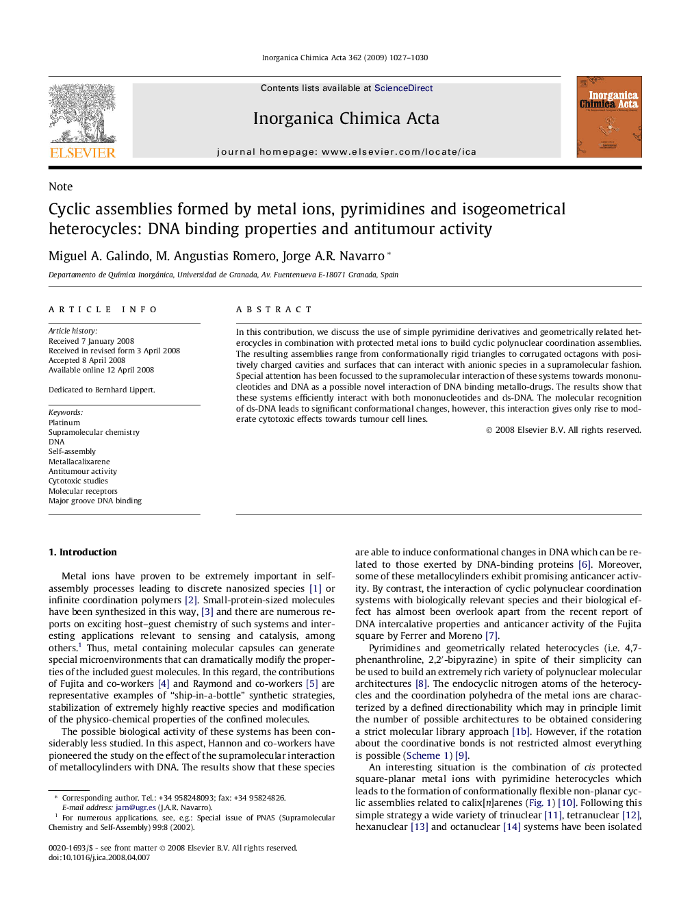 Cyclic assemblies formed by metal ions, pyrimidines and isogeometrical heterocycles: DNA binding properties and antitumour activity