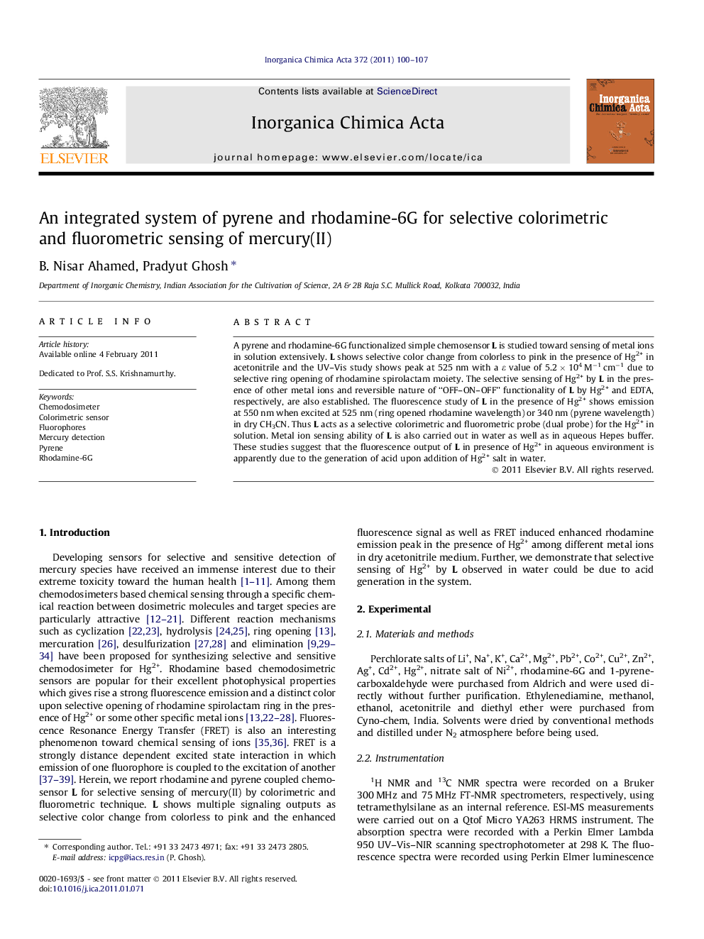 An integrated system of pyrene and rhodamine-6G for selective colorimetric and fluorometric sensing of mercury(II)