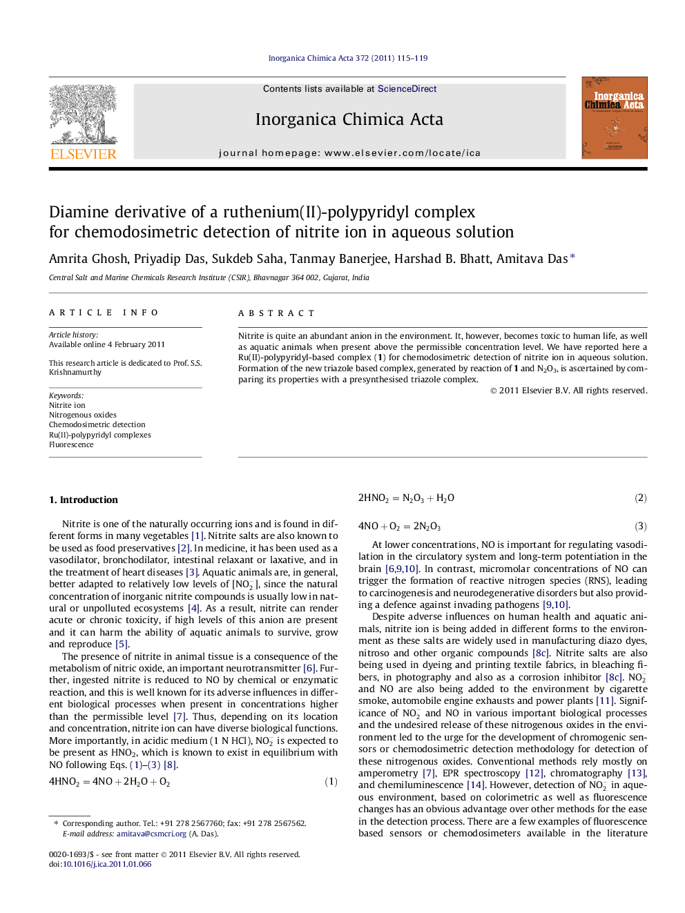 Diamine derivative of a ruthenium(II)-polypyridyl complex for chemodosimetric detection of nitrite ion in aqueous solution