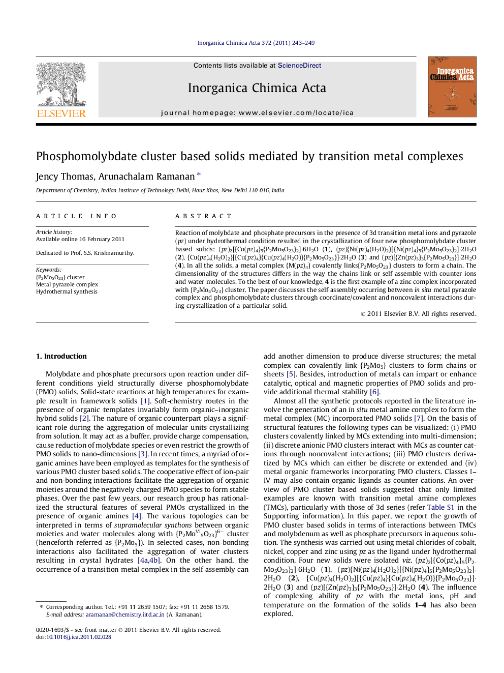 عکس صفحه اول مقاله: Phosphomolybdate cluster based solids mediated by transition metal complexes Phosphomolybdate cluster based solids mediated by transition metal complexes