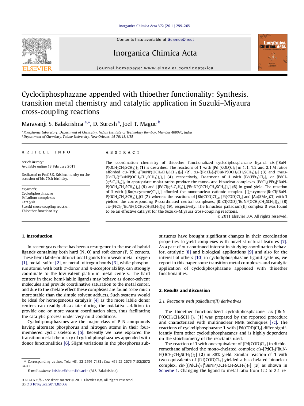 Cyclodiphosphazane appended with thioether functionality: Synthesis, transition metal chemistry and catalytic application in Suzuki–Miyaura cross-coupling reactions