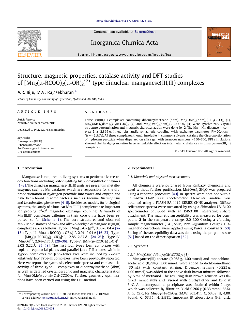 Structure, magnetic properties, catalase activity and DFT studies of [Mn2(μ-RCOO)2(μ-OR)2]2+ type dinuclear manganese(III,III) complexes