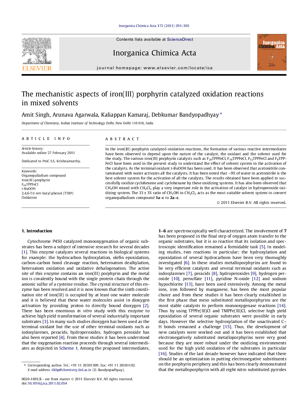 عکس صفحه اول مقاله: The mechanistic aspects of iron(III) porphyrin catalyzed oxidation reactions in mixed solvents The mechanistic aspects of iron(III) porphyrin catalyzed oxidation reactions in mixed solvents