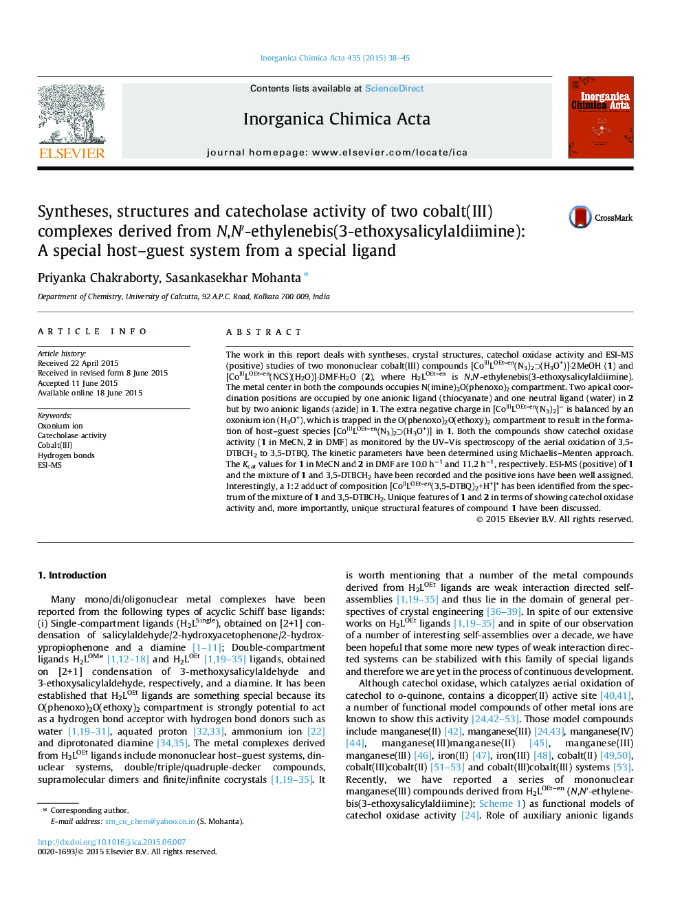 Syntheses, structures and catecholase activity of two cobalt(III) complexes derived from N,Nâ²-ethylenebis(3-ethoxysalicylaldiimine): A special host-guest system from a special ligand