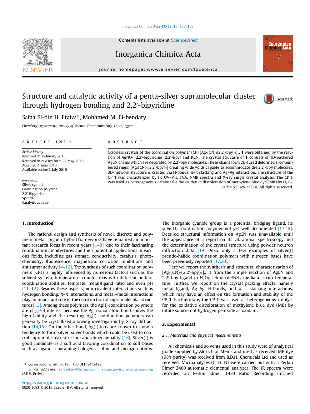 Structure and catalytic activity of a penta-silver supramolecular cluster through hydrogen bonding and 2,2′-bipyridine