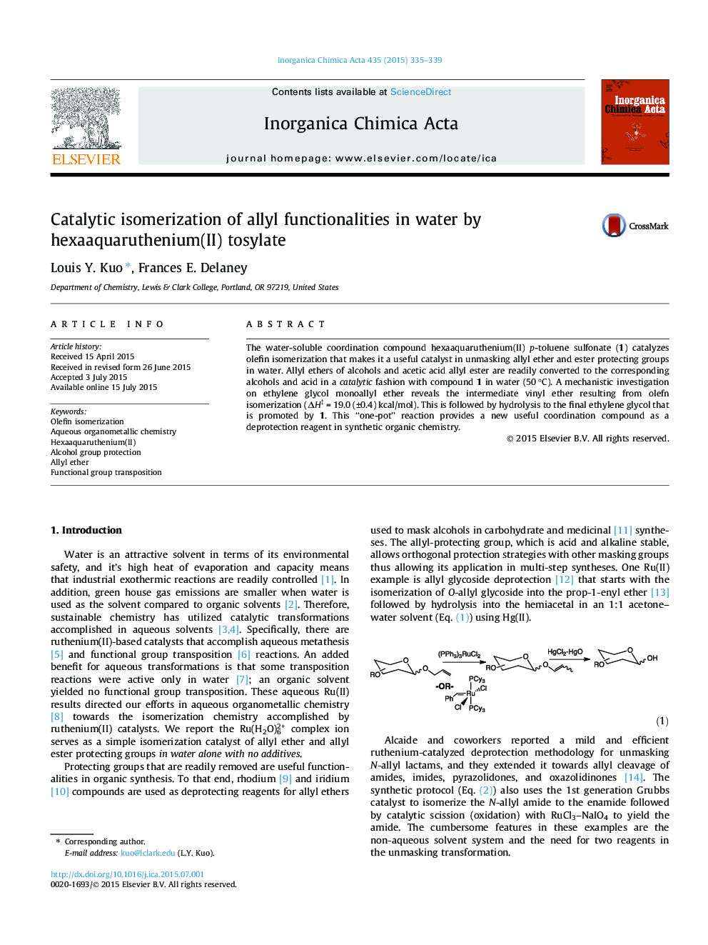 Catalytic isomerization of allyl functionalities in water by hexaaquaruthenium(II) tosylate