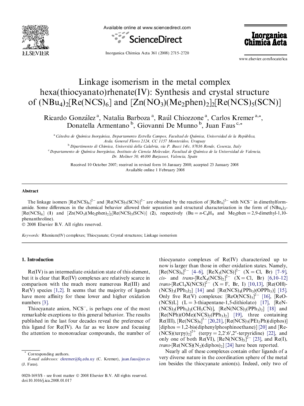 Linkage isomerism in the metal complex hexa(thiocyanato)rhenate(IV): Synthesis and crystal structure of (NBu4)2[Re(NCS)6] and [Zn(NO3)(Me2phen)2]2[Re(NCS)5(SCN)]