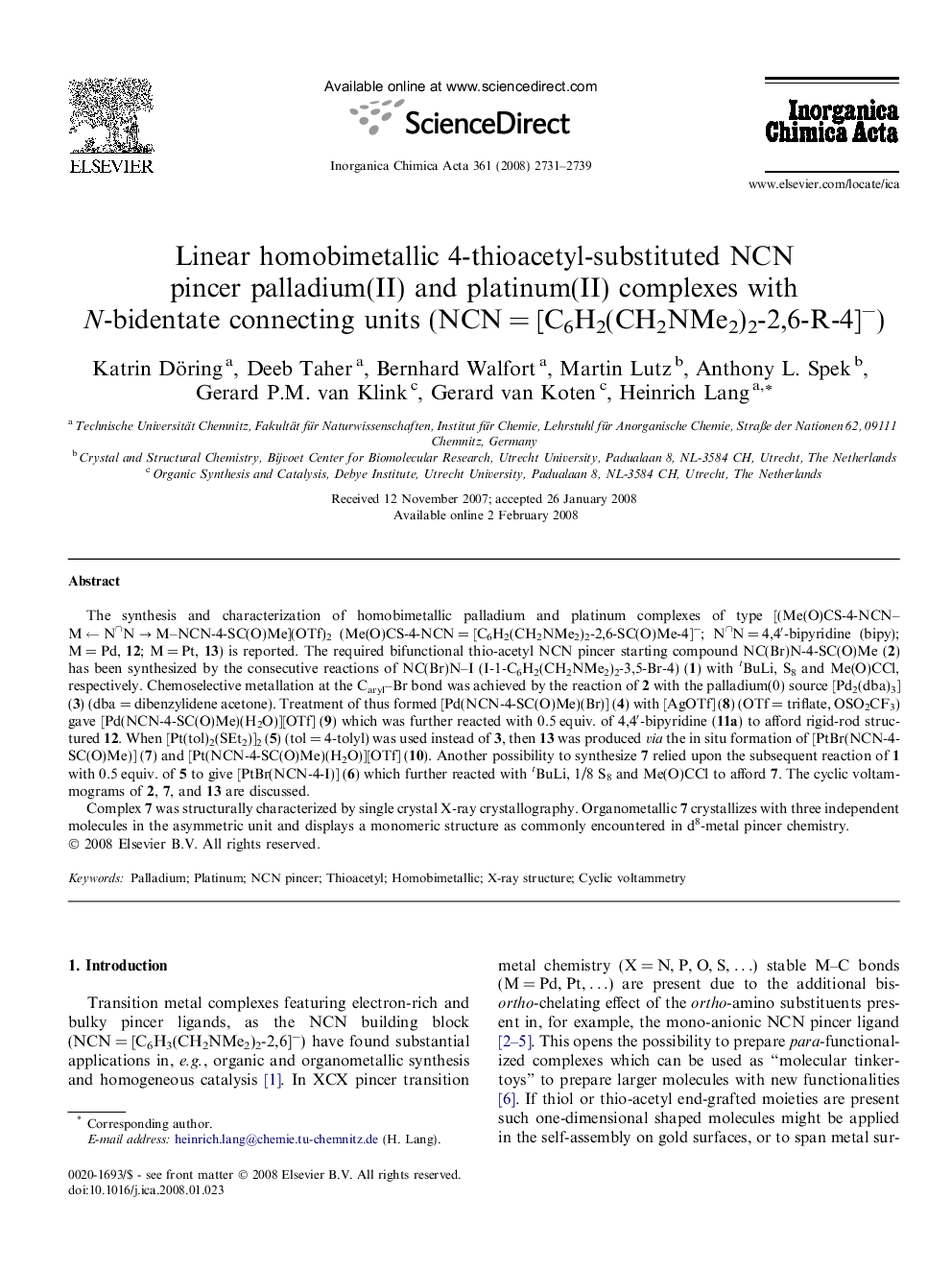 Linear homobimetallic 4-thioacetyl-substituted NCN pincer palladium(II) and platinum(II) complexes with N-bidentate connecting units (NCNÂ =Â [C6H2(CH2NMe2)2-2,6-R-4]â)