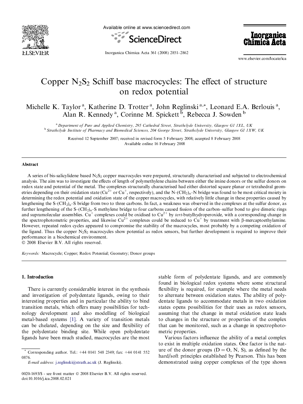 Copper N2S2 Schiff base macrocycles: The effect of structure on redox potential