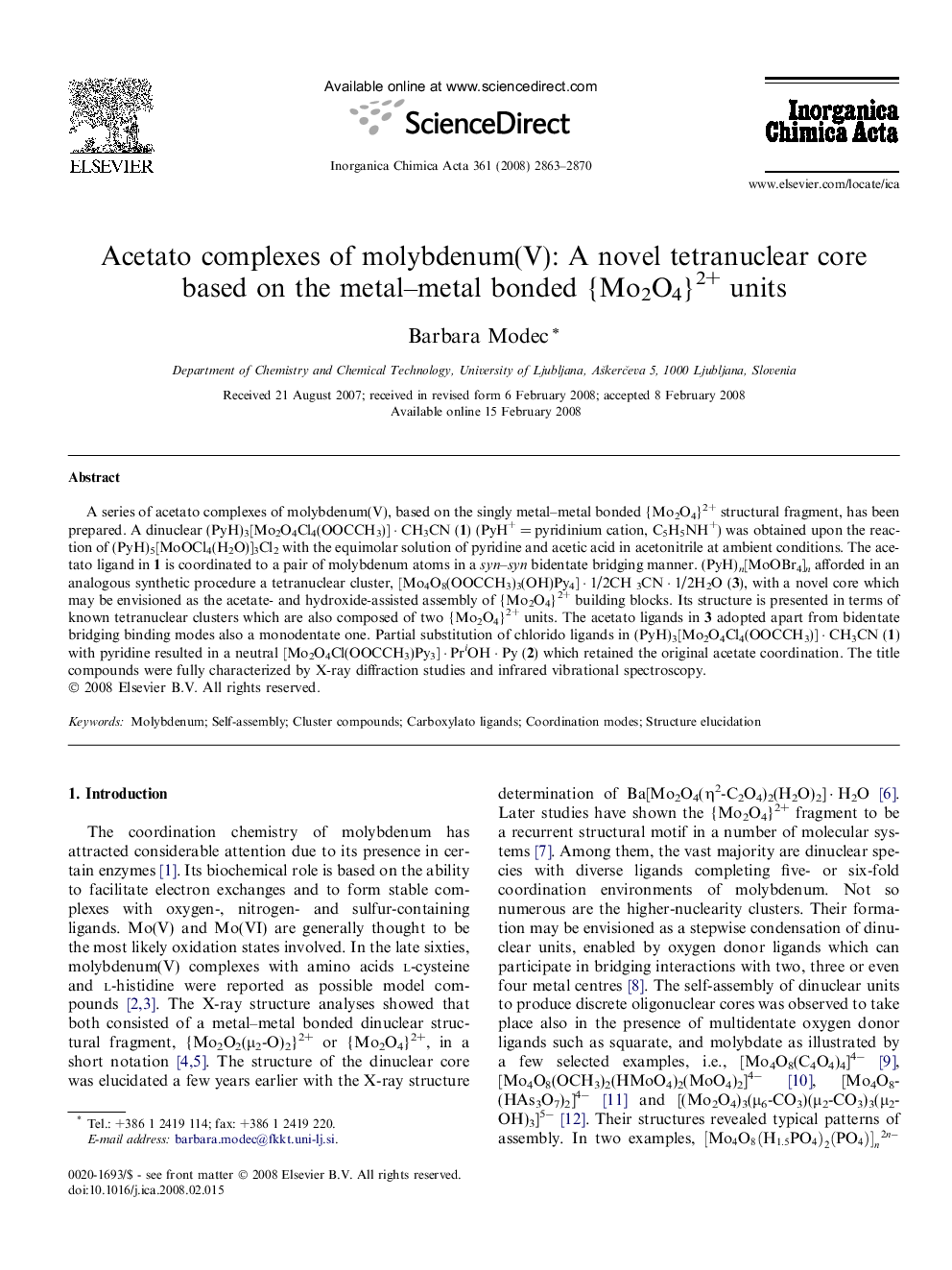 Acetato complexes of molybdenum(V): A novel tetranuclear core based on the metal–metal bonded {Mo2O4}2+ units