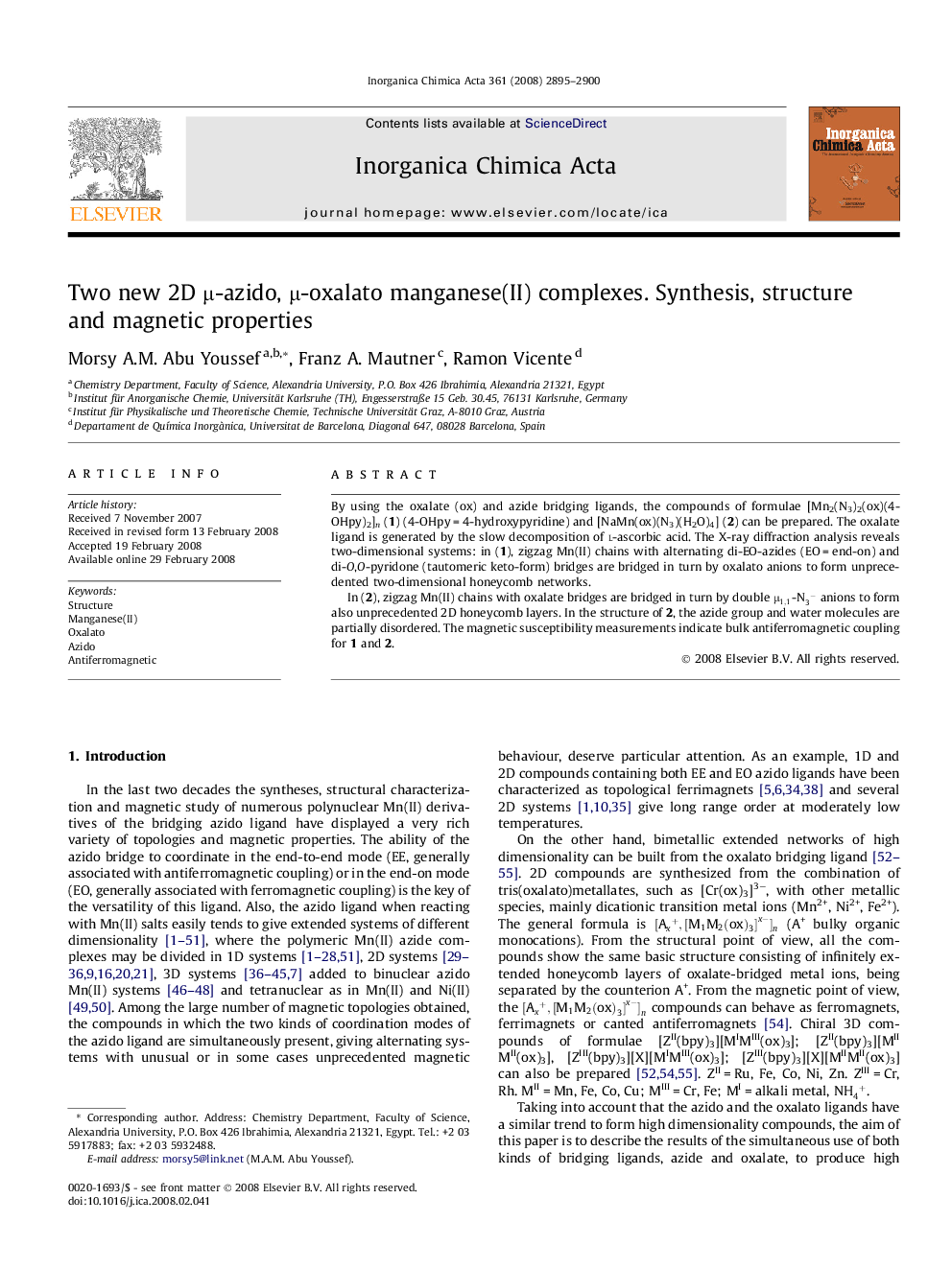 Two new 2D μ-azido, μ-oxalato manganese(II) complexes. Synthesis, structure and magnetic properties