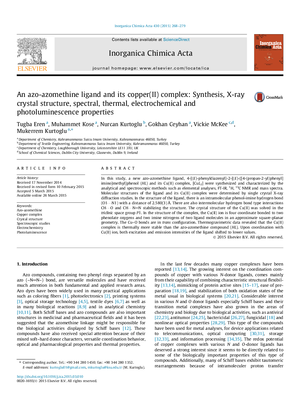 An azo-azomethine ligand and its copper(II) complex: Synthesis, X-ray crystal structure, spectral, thermal, electrochemical and photoluminescence properties