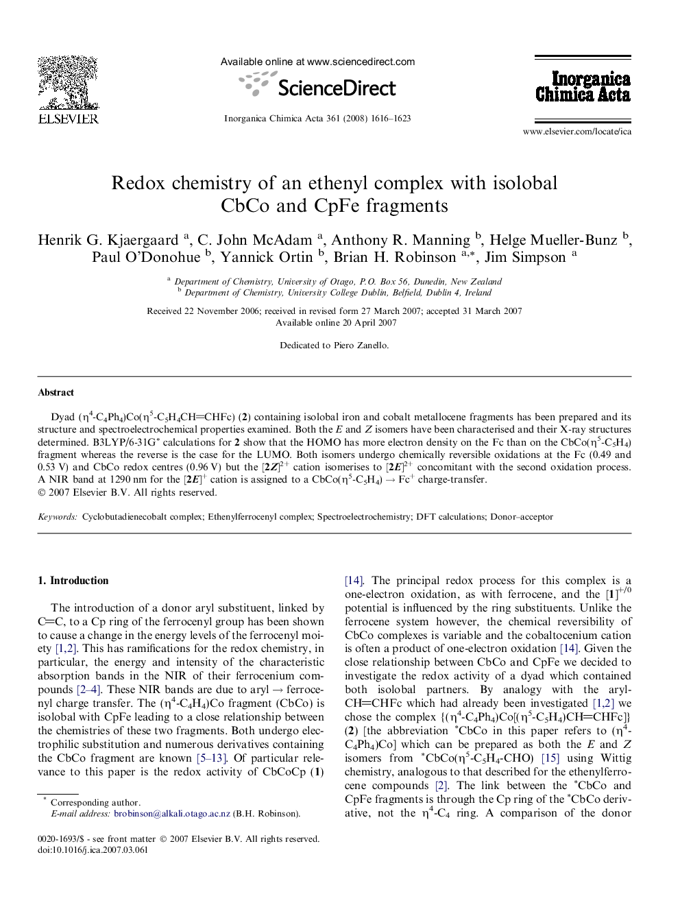 Redox chemistry of an ethenyl complex with isolobal CbCo and CpFe fragments