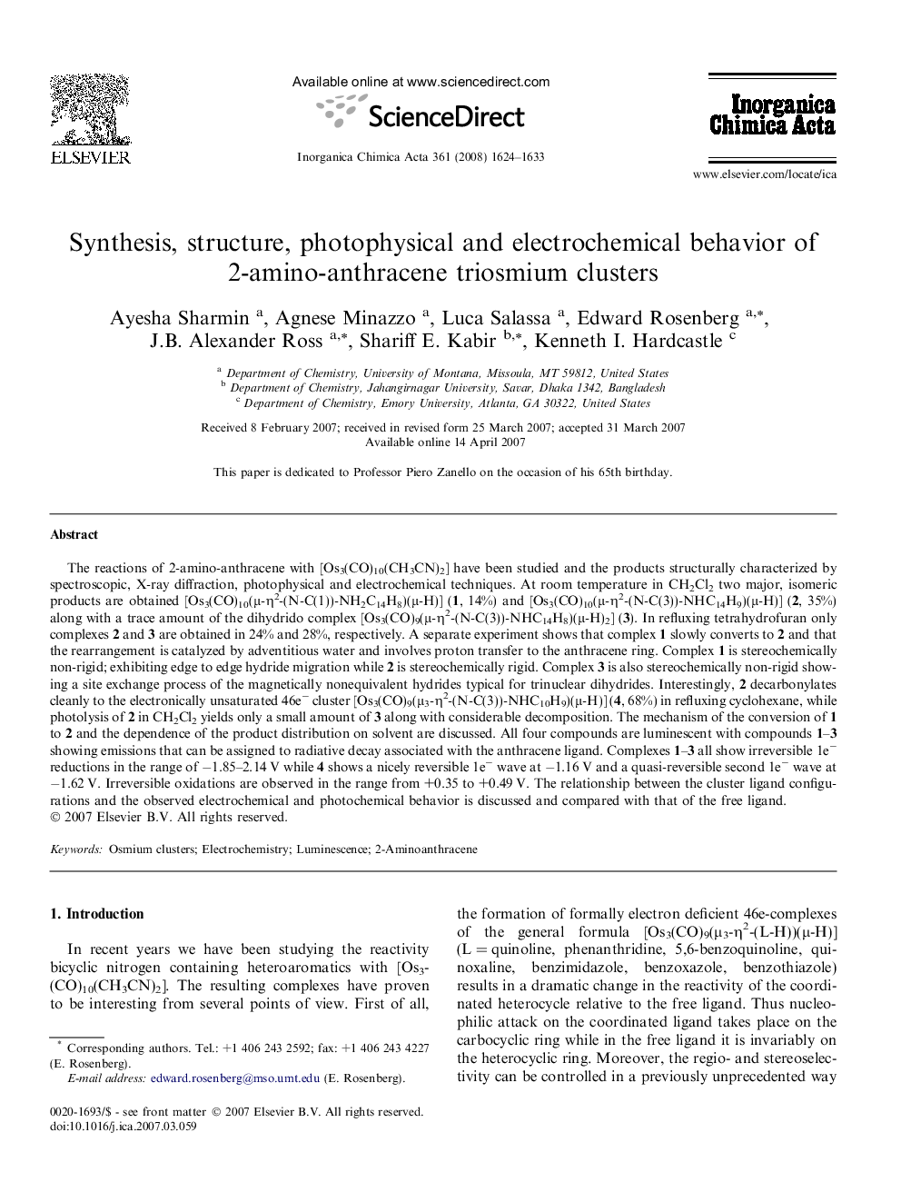 Synthesis, structure, photophysical and electrochemical behavior of 2-amino-anthracene triosmium clusters