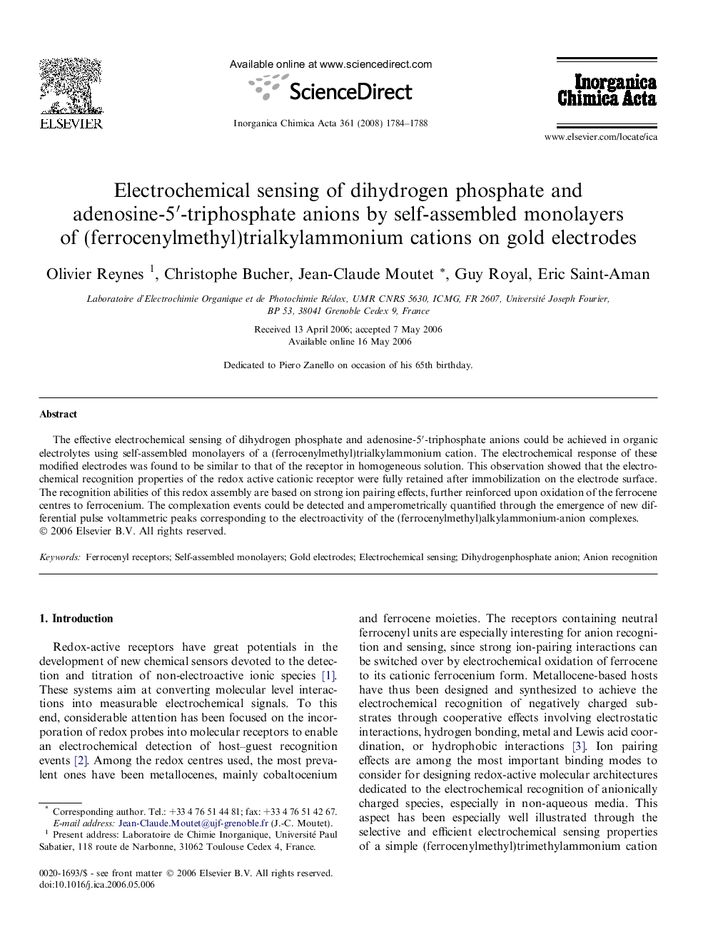 Electrochemical sensing of dihydrogen phosphate and adenosine-5â²-triphosphate anions by self-assembled monolayers of (ferrocenylmethyl)trialkylammonium cations on gold electrodes