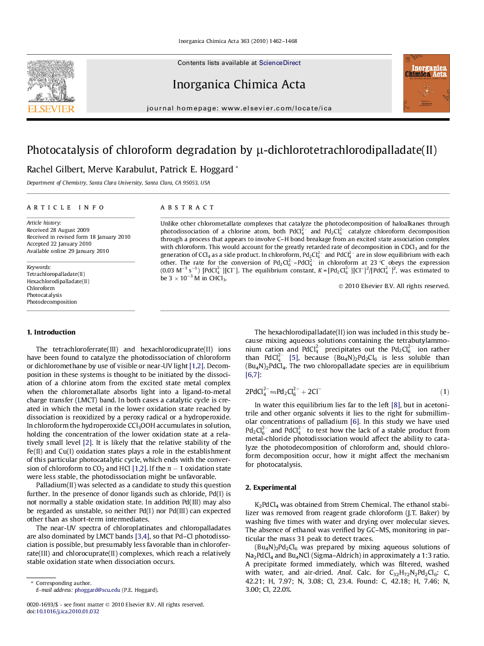 Photocatalysis of chloroform degradation by Î¼-dichlorotetrachlorodipalladate(II)