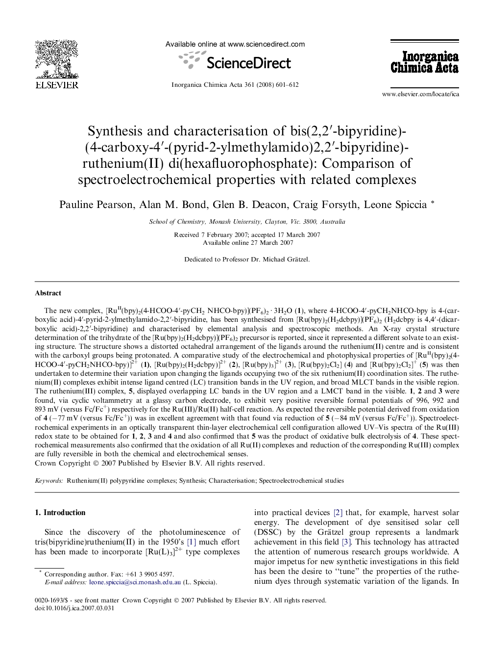 Synthesis and characterisation of bis(2,2′-bipyridine)(4-carboxy-4′-(pyrid-2-ylmethylamido)-2,2′-bipyridine)ruthenium(II) di(hexafluorophosphate): Comparison of spectroelectrochemical properties with related complexes