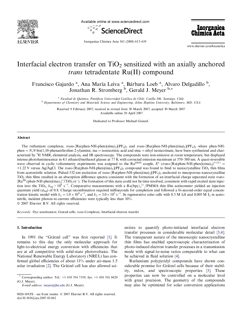 Interfacial electron transfer on TiO2 sensitized with an axially anchored trans tetradentate Ru(II) compound