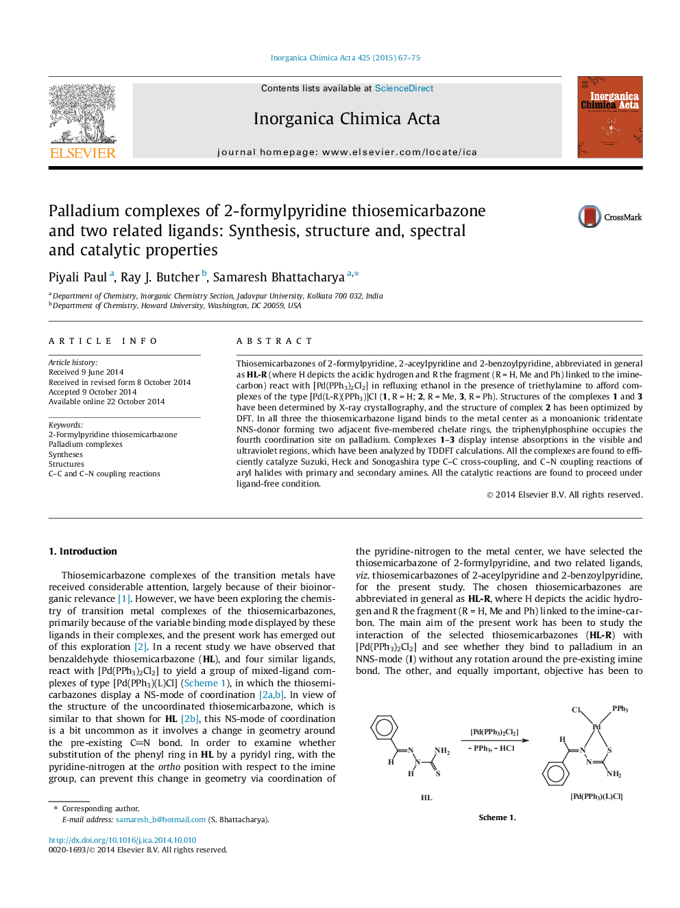 مجتمع های پالادیوم تیزیمیکاربازون 2-فرمول پرییدین و دو لیگاند مرتبط: سنتز، ساختار و خواص طیفی و کاتالیزوری 