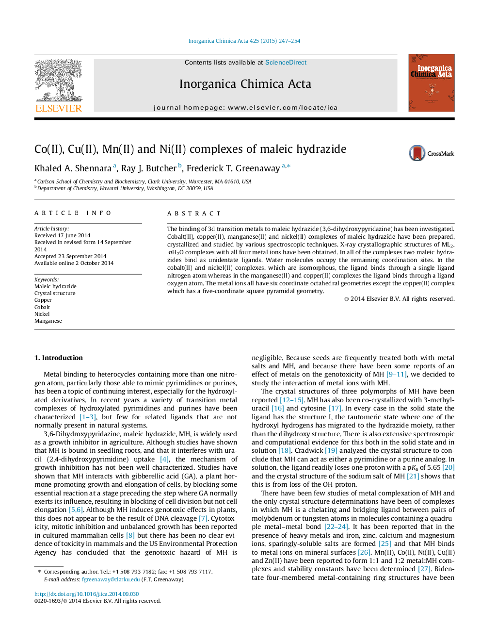 Co(II), Cu(II), Mn(II) and Ni(II) complexes of maleic hydrazide