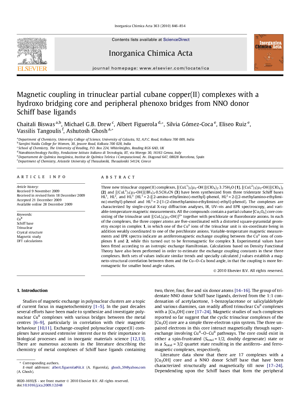 عکس صفحه اول مقاله: Magnetic coupling in trinuclear partial cubane copper(II) complexes with a hydroxo bridging core and peripheral phenoxo bridges from NNO donor Schiff base ligands Magnetic coupling in trinuclear partial cubane copper(II) complexes with a hydroxo bridging core and peripheral phenoxo bridges from NNO donor Schiff base ligands