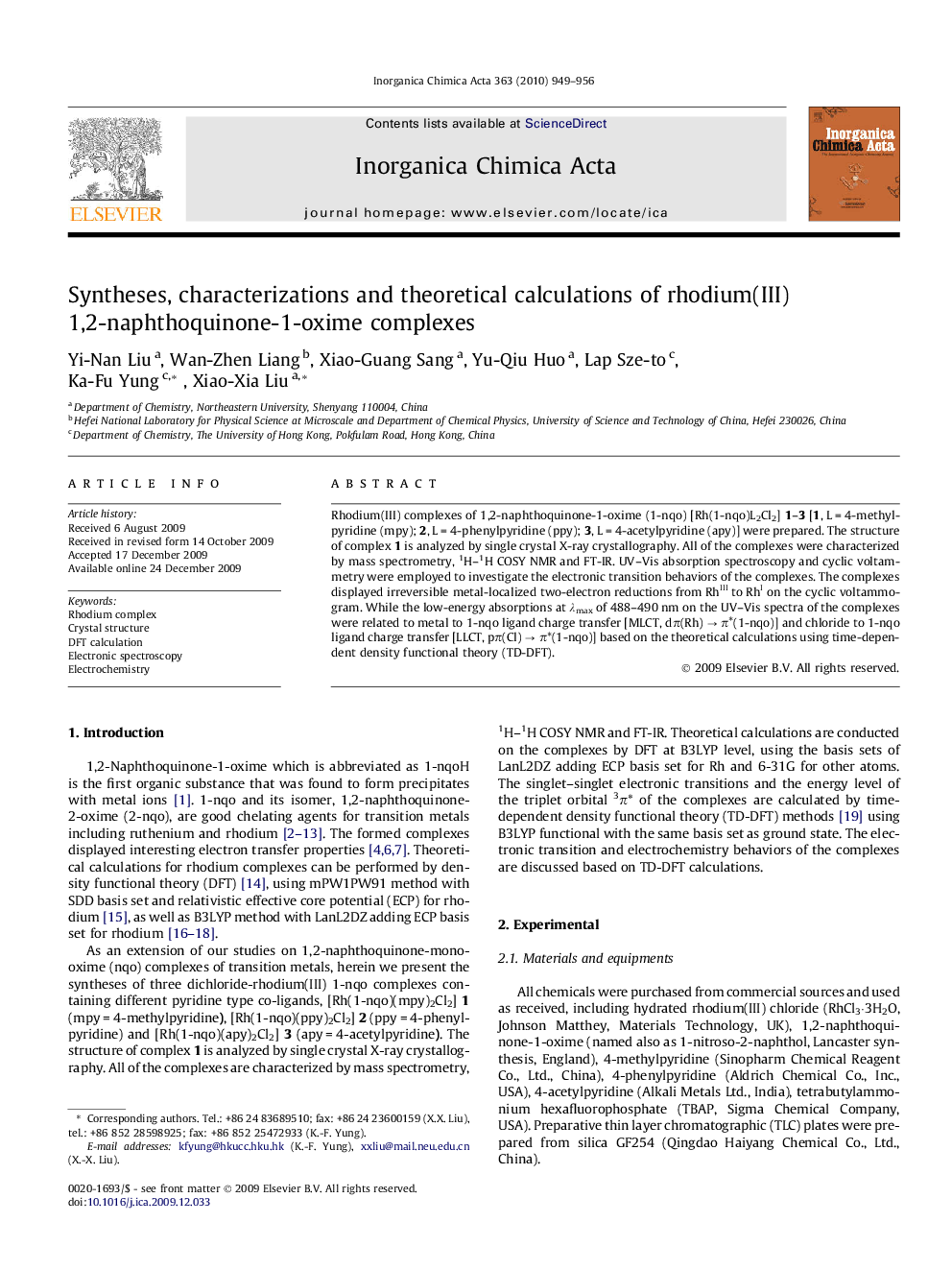 Syntheses, characterizations and theoretical calculations of rhodium(III) 1,2-naphthoquinone-1-oxime complexes