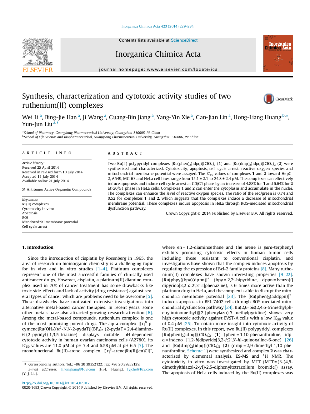 عکس صفحه اول مقاله: Synthesis, characterization and cytotoxic activity studies of two ruthenium(II) complexes Synthesis, characterization and cytotoxic activity studies of two ruthenium(II) complexes
