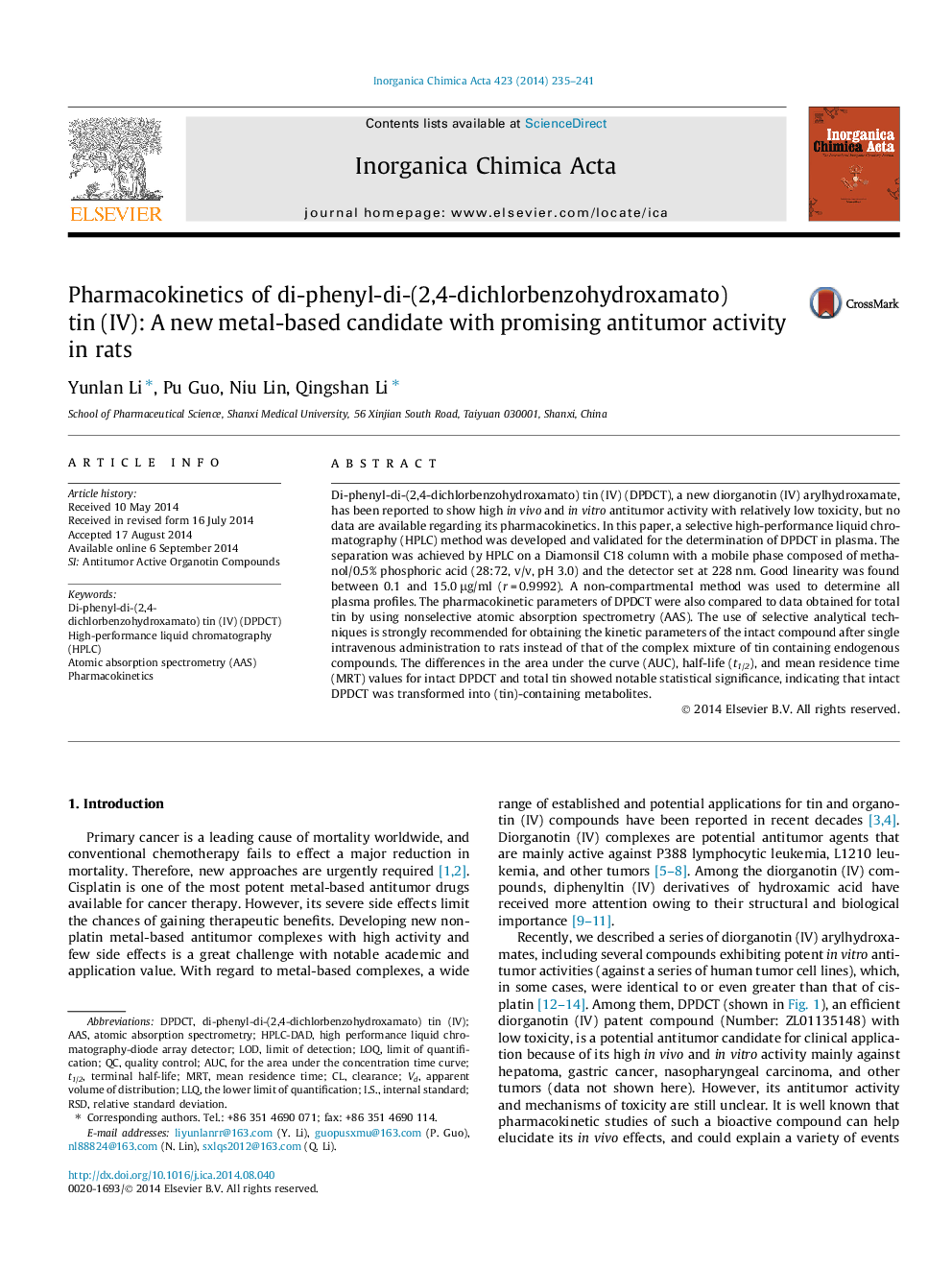 Pharmacokinetics of di-phenyl-di-(2,4-dichlorbenzohydroxamato) tin (IV): A new metal-based candidate with promising antitumor activity in rats