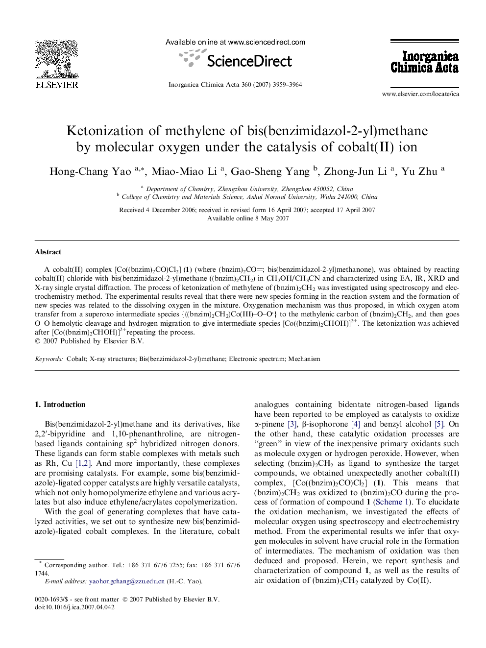 Ketonization of methylene of bis(benzimidazol-2-yl)methane by molecular oxygen under the catalysis of cobalt(II) ion