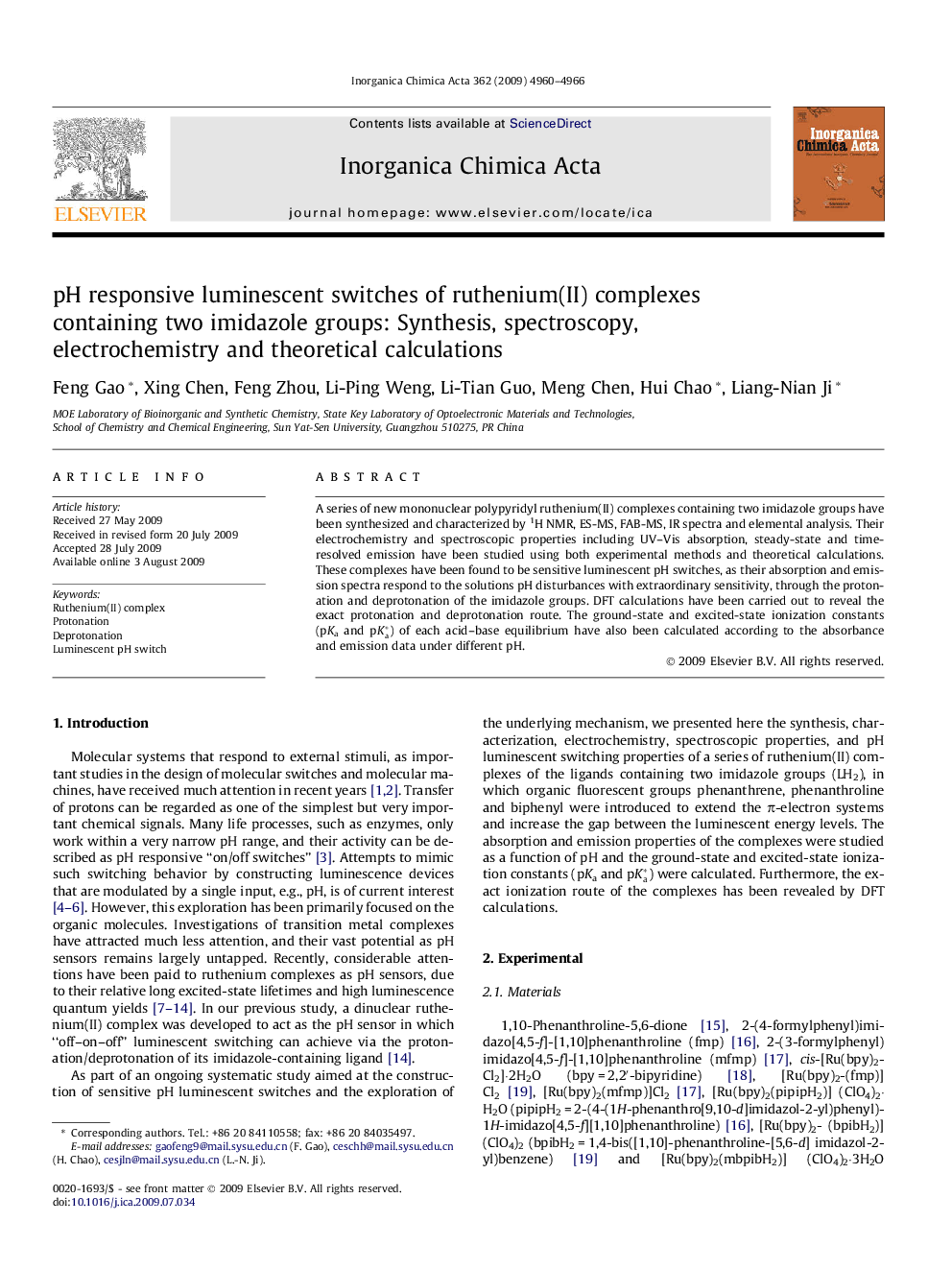 pH responsive luminescent switches of ruthenium(II) complexes containing two imidazole groups: Synthesis, spectroscopy, electrochemistry and theoretical calculations