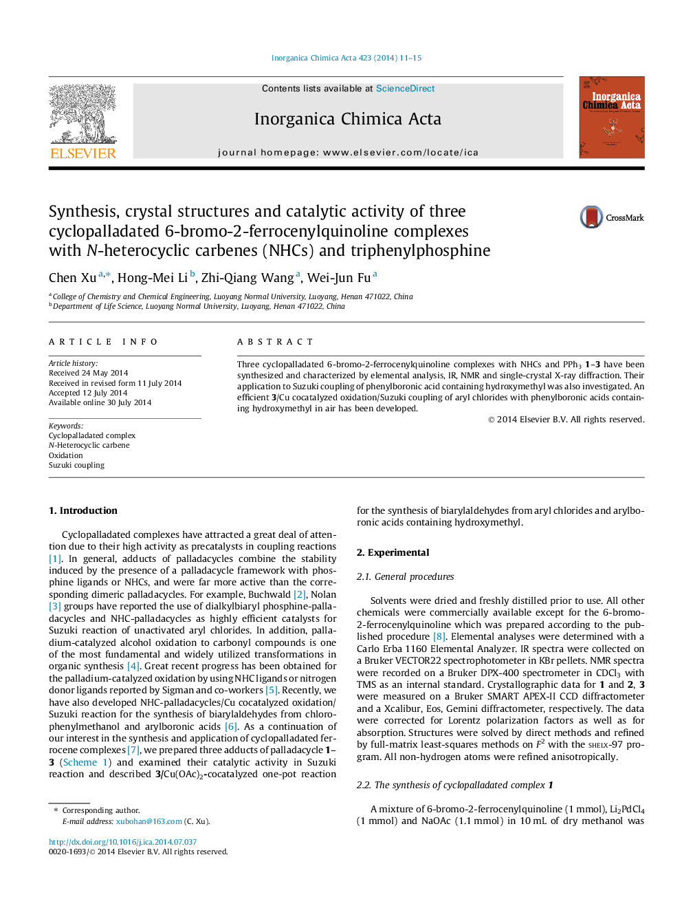 Synthesis, crystal structures and catalytic activity of three cyclopalladated 6-bromo-2-ferrocenylquinoline complexes with N-heterocyclic carbenes (NHCs) and triphenylphosphine