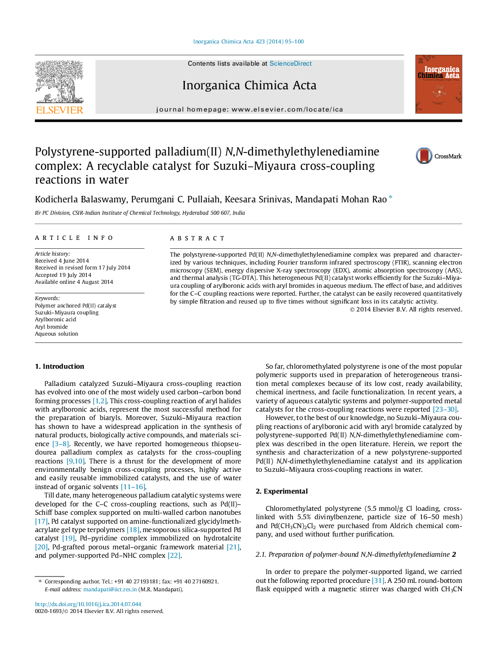 Polystyrene-supported palladium(II) N,N-dimethylethylenediamine complex: A recyclable catalyst for Suzuki–Miyaura cross-coupling reactions in water