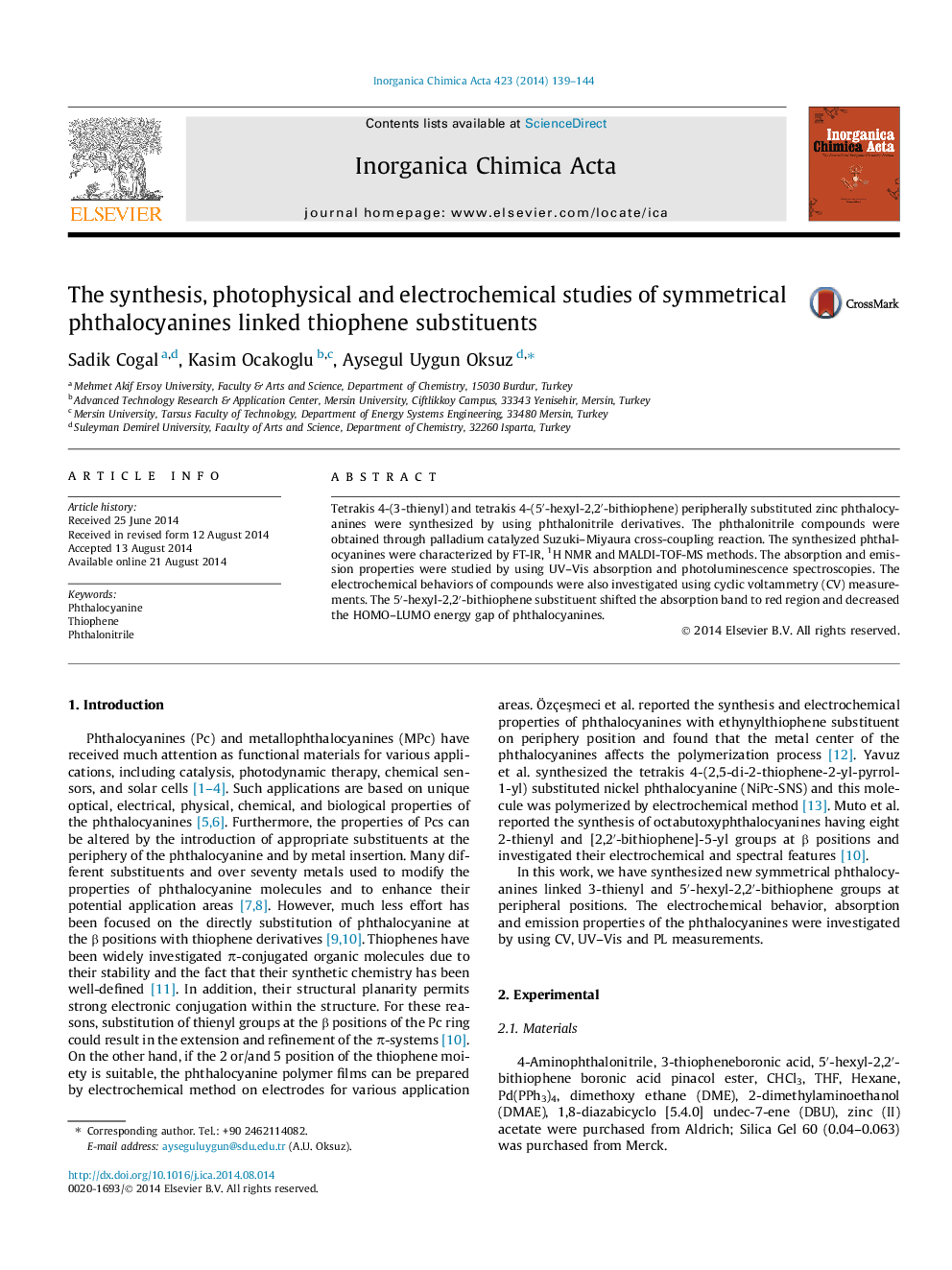 The synthesis, photophysical and electrochemical studies of symmetrical phthalocyanines linked thiophene substituents